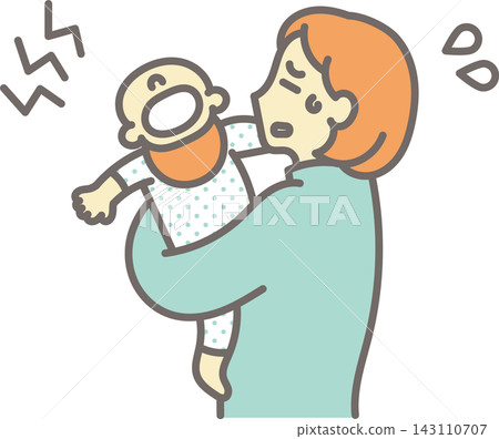 An illustration of a mother exhausted from childcare trying to soothe a crying baby. An illustration of a mother exhausted from childcare trying to soothe a crying baby. 143110707