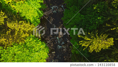 Aerial top-down view of a winding river flowing through a lush green forest. Scenic wilderness landscape with rocks and trees, perfect for nature, travel and environmental concepts. Aerial top-down view of a winding river flowing through a lush green forest. Scenic wilderness landscape with rocks and trees, perfect for nature, travel and environmental concepts. 143110858
