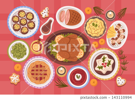 Turkey Christmas Feast Top View Cartoon Turkey Christmas Feast Top View Cartoon 143110994