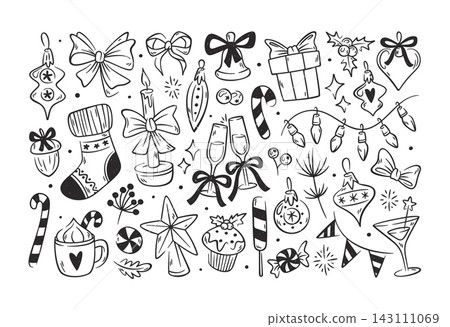 Christmas Doodle Elements Holiday Set Line Art Christmas Doodle Elements Holiday Set Line Art 143111069