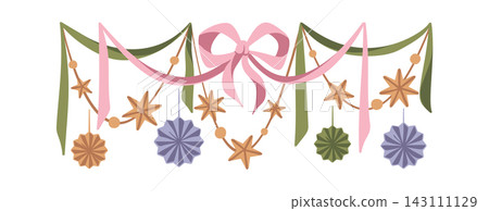 Garland With Bow And Ornaments Cartoon Garland With Bow And Ornaments Cartoon 143111129