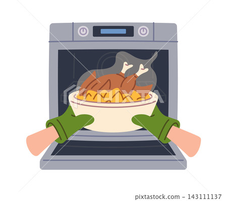 Turkey Roasting In Oven Hands Holding Turkey Roasting In Oven Hands Holding 143111137