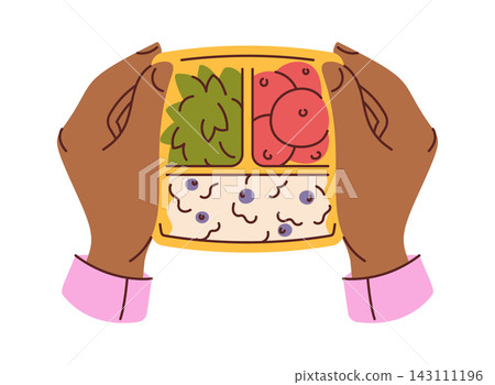 Hands Holding Lunchbox Meal Cartoon Style Hands Holding Lunchbox Meal Cartoon Style 143111196