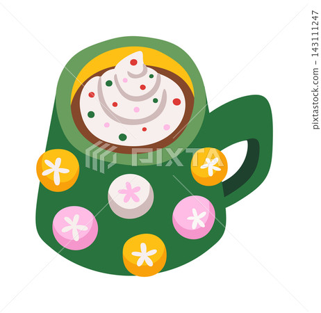 Cocoa Mug With Whipped Cream And Cookies Cartoon Cocoa Mug With Whipped Cream And Cookies Cartoon 143111247