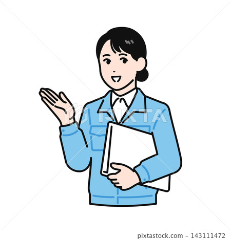 一幅簡單的向量插圖,描繪了一位身穿工作服的年輕女子手持文件進行講解。 一幅簡單的向量插圖,描繪了一位身穿工作服的年輕女子手持文件進行講解。 143111472
