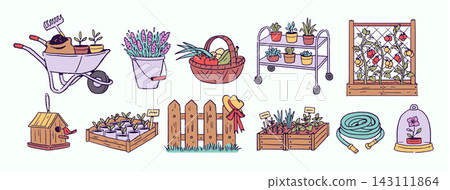 Gardening Tools And Produce Set Cartoon 143111864