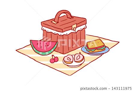 Picnic Basket On Blanket Cartoon Style Picnic Basket On Blanket Cartoon Style 143111975
