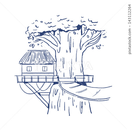 Treehouse With Rope Bridge Line Art Treehouse With Rope Bridge Line Art 143112264