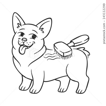 Dog Grooming Brush On Happy Corgi Line Art 143112299