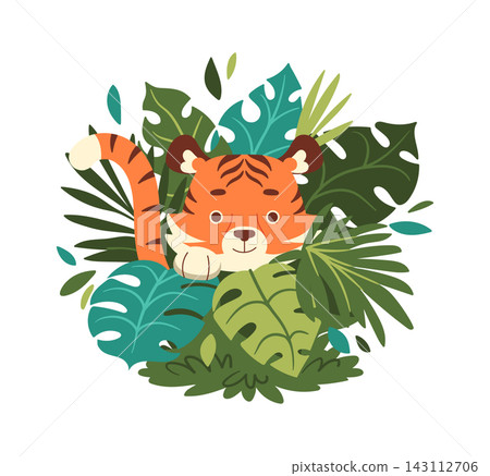 Tiger Peeking From Jungle Foliage Cartoon 143112706