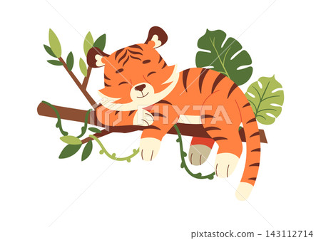 Tiger Sleeping On Branch Cartoon Style 143112714