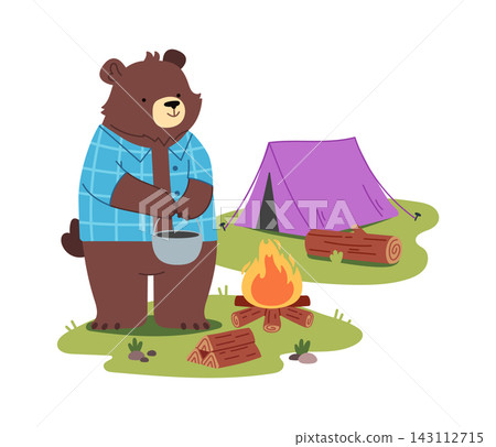 Bear Camping With Tent And Campfire Cartoon Bear Camping With Tent And Campfire Cartoon 143112715