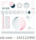 Minimal geometric elements with circular patterns, measurement lines and analytical diagrams Minimal geometric elements with circular patterns, measurement lines and analytical diagrams 143112992