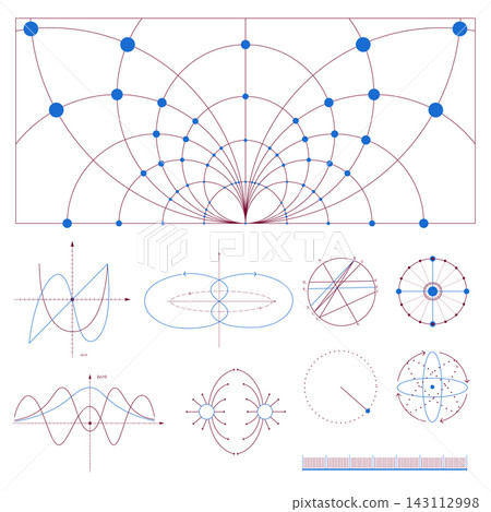 Mathematical geometry sheet with orbital trajectories, waveforms and scientific construction diagrams Mathematical geometry sheet with orbital trajectories, waveforms and scientific construction diagrams 143112998