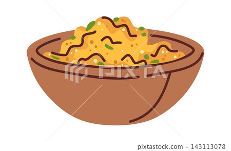 Scrambled Egg Bowl With Herbs Cartoon Style Scrambled Egg Bowl With Herbs Cartoon Style 143113078
