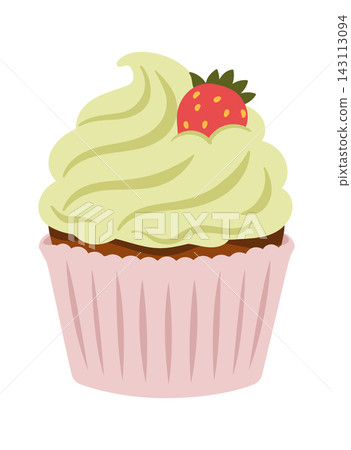 Cupcake With Matcha Frosting And Strawberry Cartoon 143113094