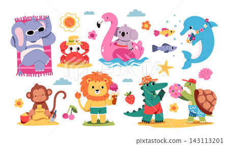 Animals Enjoy Summer Beach Vacation Cartoon Animals Enjoy Summer Beach Vacation Cartoon 143113201