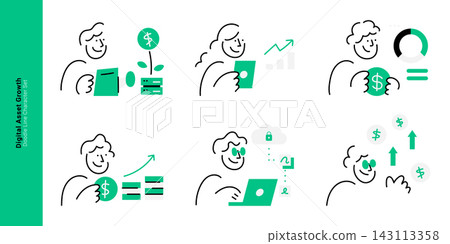 Digital asset growth and investment concepts. Doodle line characters managing dollar money, server plant growth, security cloud computing, and profit chart. Digital asset growth and investment concepts. Doodle line characters managing dollar money, server plant growth, security cloud computing, and profit chart. 143113358