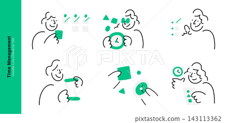 Time management and productivity concepts. Doodle line characters holding clock, checking task list, holding hourglass, and scheduling work plan. Time management and productivity concepts. Doodle line characters holding clock, checking task list, holding hourglass, and scheduling work plan. 143113362