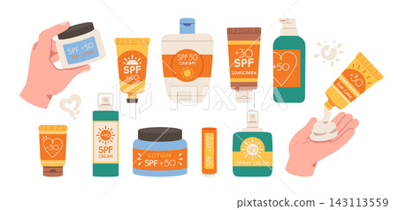 Sunscreen Bottles Collection With Hands Cartoon 143113559