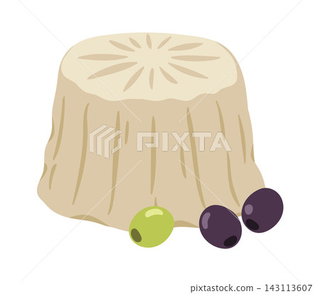 Cheese Wheel With Olive Garnish Cartoon Cheese Wheel With Olive Garnish Cartoon 143113607