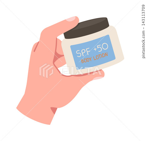 Sunscreen Hand Holding SPF Lotion Jar Cartoon 143113709