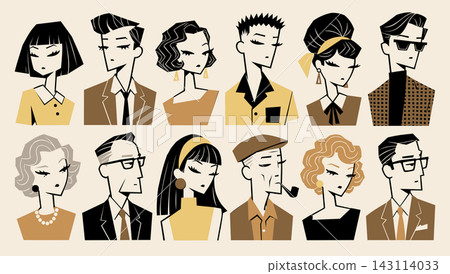 Retro 1950s and 1960s fashion avatars vector set. Cute cartoon portraits collection of stylish men and women. Vintage flat geometric characters collection isolated Retro 1950s and 1960s fashion avatars vector set. Cute cartoon portraits collection of stylish men and women. Vintage flat geometric characters collection isolated 143114033
