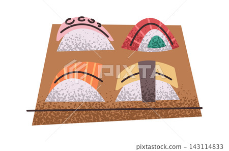 Sushi Assortment On Wooden Board Cartoon Sushi Assortment On Wooden Board Cartoon 143114833