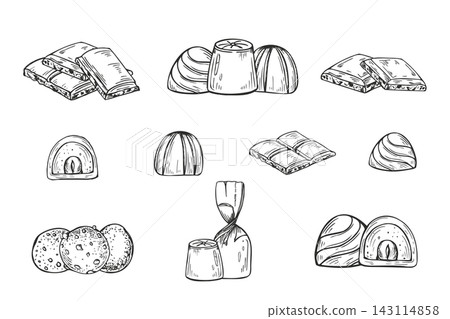 Chocolate treats set hand drawn line art black ink sketch. Monochrome bars, truffles, pralines, and candies vector illustration. Sweets clip art for confectionery packaging, menu design Chocolate treats set hand drawn line art black ink sketch. Monochrome bars, truffles, pralines, and candies vector illustration. Sweets clip art for confectionery packaging, menu design 143114858