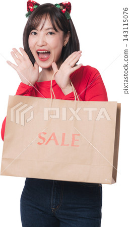 Excited young asian woman shouting cheerful holding paper bag promoting christmas sale and black friday deal isolated on transparency background Excited young asian woman shouting cheerful holding paper bag promoting christmas sale and black friday deal isolated on transparency background 143115076