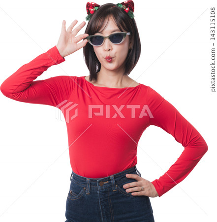Happy young asian woman adjust sunglasses enjoying christmas sale during black friday shopping seasonal holiday promotion wearing red shirt isolated on transparency background Happy young asian woman adjust sunglasses enjoying christmas sale during black friday shopping seasonal holiday promotion wearing red shirt isolated on transparency background 143115108