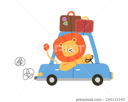 Lion Driving Car With Luggage Cartoon Lion Driving Car With Luggage Cartoon 143115147