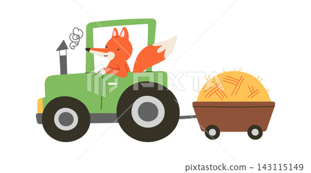 Fox Driving Tractor With Hay Wagon Cartoon Fox Driving Tractor With Hay Wagon Cartoon 143115149
