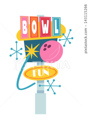 Bowling Sign Retro Neon Midcentury Cartoon Bowling Sign Retro Neon Midcentury Cartoon 143115266