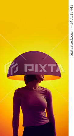 Woman wearing oversized purple dome hiding eyes in surreal conceptual portrait. Woman wearing oversized purple dome hiding eyes in surreal conceptual portrait. 143115442