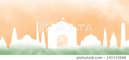 India skyline silhouette with Gate, domes, and minarets on saffron, white, green gradient background. Architecture and urban culture watercolor illustration. Patriotic template for Republic Day banner India skyline silhouette with Gate, domes, and minarets on saffron, white, green gradient background. Architecture and urban culture watercolor illustration. Patriotic template for Republic Day banner 143115698