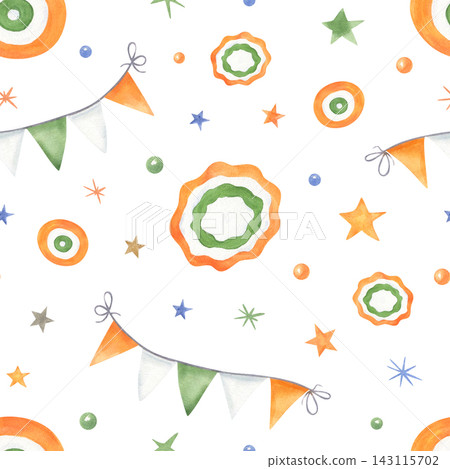 Festive bunting garlands, stars, confetti in orange, white, green, and blue colors: watercolor seamless pattern. Ornate in national Indian and Ireland colors. Illustration for holiday party design 143115702