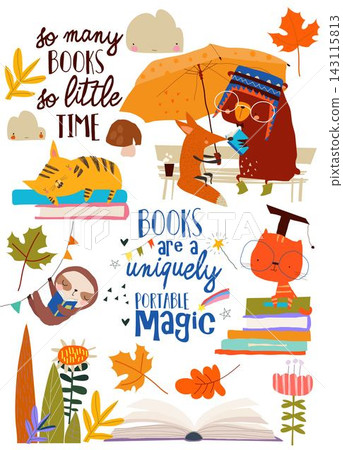 Cartoon Autumn Set With Animals and Books Cartoon Autumn Set With Animals and Books 143115813