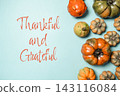 Autumn Gourds with Thankful and Grateful Text on Blue Background 143116084