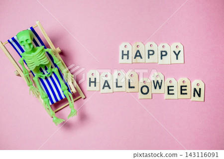 Skeleton Relaxing on Deck Chair with Happy Halloween Tags Skeleton Relaxing on Deck Chair with Happy Halloween Tags 143116091