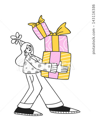 Woman Carrying Gift Boxes Cartoon Woman Carrying Gift Boxes Cartoon 143116386