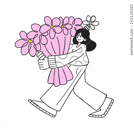Woman Carrying Bouquet Line Art Woman Carrying Bouquet Line Art 143116387