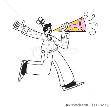 Happy Man on Birthday Party with Megaphone Shouting Outline Character Happy Man on Birthday Party with Megaphone Shouting Outline Character 143116447