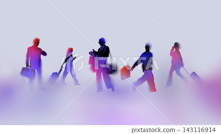 Travelers with luggage moving through colorful glowing haze. Travelers with luggage moving through colorful glowing haze. 143116914