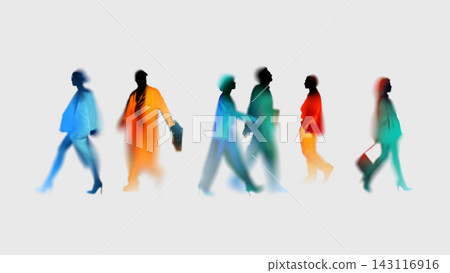 People walking in opposite directions with colorful glowing silhouettes. People walking in opposite directions with colorful glowing silhouettes. 143116916