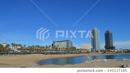 City beach of Barcelona near the Mediterranean Sea - embankment near the bay City beach of Barcelona near the Mediterranean Sea - embankment near the bay 143117195