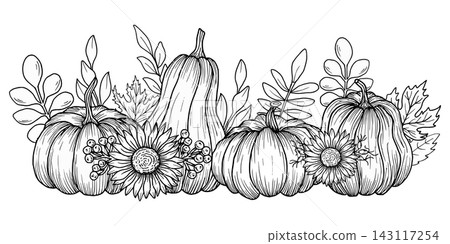Autumn composition featuring fall leaves, rowan berries, rose hips, sunflower and pumpkin. Hand-drawn botanical vector illustration. Black graphic style. Art for Thanksgiving invitations, packaging. Autumn composition featuring fall leaves, rowan berries, rose hips, sunflower and pumpkin. Hand-drawn botanical vector illustration. Black graphic style. Art for Thanksgiving invitations, packaging. 143117254