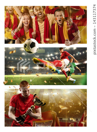 Soccer action and passionate supporters combined in vibrant stadium sports collage Soccer action and passionate supporters combined in vibrant stadium sports collage 143117374