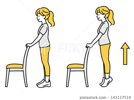 An illustration of a young woman doing heel raises while holding onto a chair. An illustration of a young woman doing heel raises while holding onto a chair. 143117519