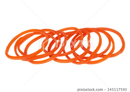 A pile of red rubber bands isolated on white background A pile of red rubber bands isolated on white background 143117593